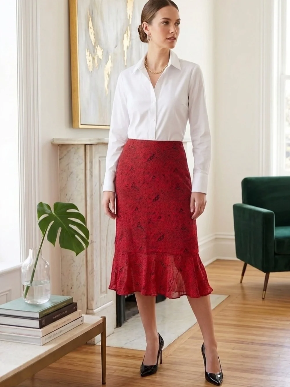 Chico's 100% Silk Red Paisley Midi Skirt Size 0 XS Bohemian Flounce Hem Y2K Boho